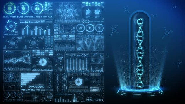 DNA helix molecule loop animation. DNA chromosome concept. Hologram elements of digital data chart. Medical Infographic. High tech future design.
