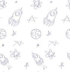 Space seamless pattern with stars, planets, rockets. Wallpaper delicate hand-drawing isolated on a white background. Doodle, linear
