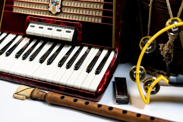 Various musical instruments on white background
