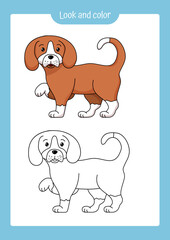 Coloring page outline of a dog with colored example.