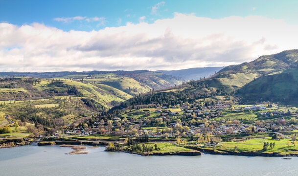 An aerial view of the Columbia River and the city of Lyle, Washington.
