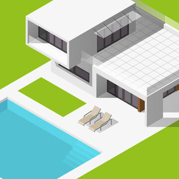 Smart modern home 3d icon. Isometric white house with pool and lounge deck chair. 3D illustration