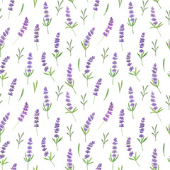 Repeat pattern of watercolor hand drawn tender lavender flowers, simple seamless romantic ornament symbol of summer holidays in French Provence for fabric, textile, gift paper design