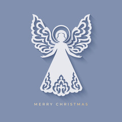 Beautiful angel with ornamental wings and nimbus in paper cut style with shadow