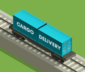 3D Isometric shipping cargo railway platform container 20 ft. Large metal 20 foot containers for transportation goods carrier. Delivery of cargo shipping. illustration