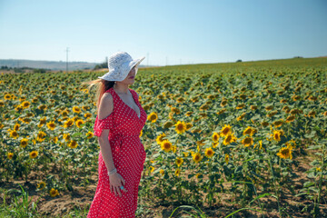 Fototapeta premium A beautiful romantic woman, in a pink dress and hat,