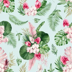 Selbstklebende Fototapeten Watercolor seamless pattern with tropical leaves and pink flowers. Summer decoration print for wrapping, wallpaper, fabric. Hand drawn illustration © Anastasiia