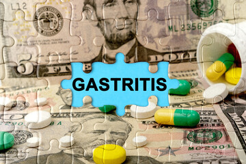 Double exposure. Puzzles depicting pills and dollars with the inscription -GASTRITIS