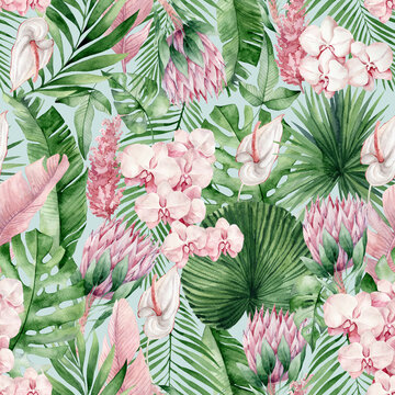 Watercolor seamless pattern with tropical leaves and pink flowers. Summer decoration print for wrapping, wallpaper, fabric. Hand drawn illustration
