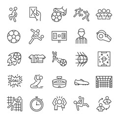Football, icon set. Soccer. Kicking a ball, team, rule, goal, players, etc linear icons. Line with editable stroke © Matsabe