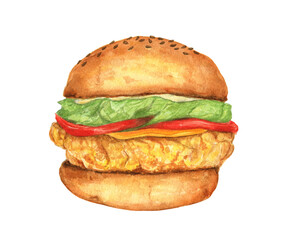 Fresh, tasty and warm chicken burger with cheese, tomatoes, salad and mayo. Watercolor illustration on a white isolated background. 