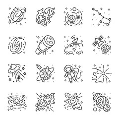 Space, icon set. Astronomical objects, linear icons. Line with editable stroke