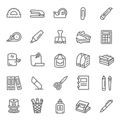Stationery, icon set. Various office supplies for paper supplies and documents, linear icons. Line with editable stroke