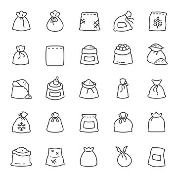 Bag, icon set. Bags with groats, sugar, flour, etc., various shapes, linear icons. Line with editable stroke