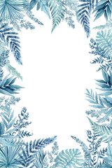 watercolor illustration, frame of blue fern and tropical leaves. Template for a wedding invitation.