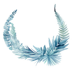 watercolor illustration, frame of blue fern and tropical leaves. Template for a wedding invitation.