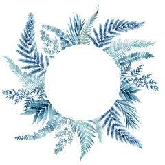 watercolor illustration, frame of blue fern and tropical leaves. Template for a wedding invitation.