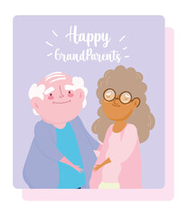 happy grandparents day, cute grandpa and grandma hugging character cartoon card