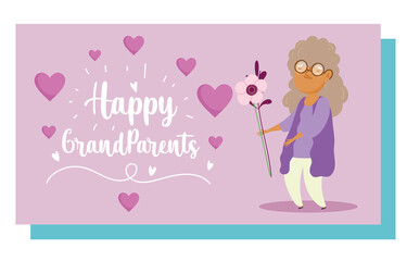 happy grandparents day, old woman grandmother with flowers cartoon card