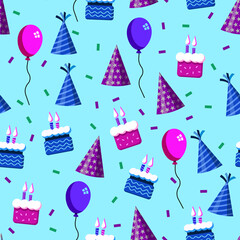 birthday cakes, hats, confetti’s, and balloons pattern vector