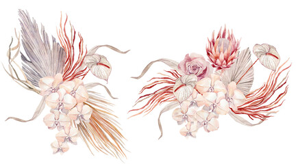 Set of rose-gold bouquets. Botanical watercolor illustrations, floral elements, roses, protea, orchid and calla lilies