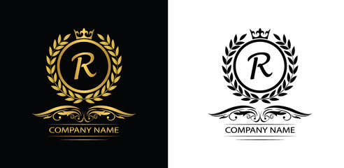 Golden Letter R laurel wreath template logo Luxury letter with crown. Monogram alphabet . Beautiful royal initials letter.	
