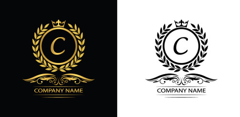 Golden Letter C laurel wreath template logo Luxury letter with crown. Monogram alphabet . Beautiful royal initials letter.	
