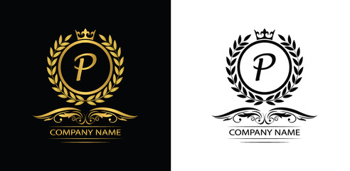 Golden Letter P laurel wreath template logo Luxury letter with crown. Monogram alphabet . Beautiful royal initials letter.	
