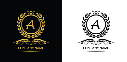 Golden Letter A laurel wreath template logo Luxury letter with crown. Monogram alphabet . Beautiful royal initials letter.	
