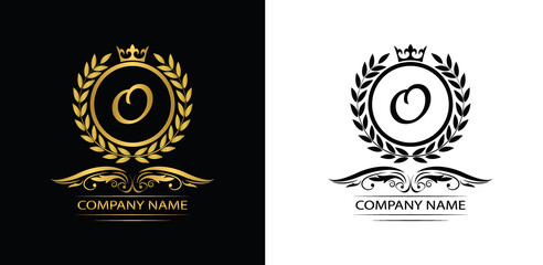 Golden Letter O laurel wreath template logo Luxury letter with crown. Monogram alphabet . Beautiful royal initials letter.	

