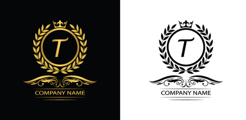 Golden Letter T laurel wreath template logo Luxury letter with crown. Monogram alphabet . Beautiful royal initials letter.	
