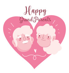 happy grandparents day, cute old couple faces in love heart cartoon card