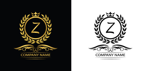 Obraz premium Golden Letter Z laurel wreath template logo Luxury letter with crown. Monogram alphabet . Beautiful royal initials letter. 