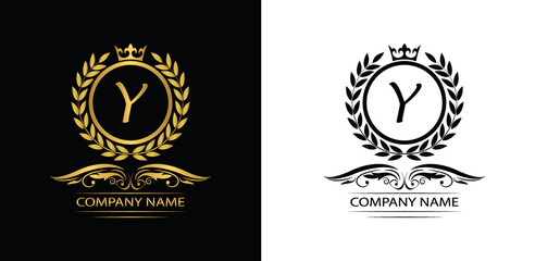 Golden Letter Y laurel wreath template logo Luxury letter with crown. Monogram alphabet . Beautiful royal initials letter.	
