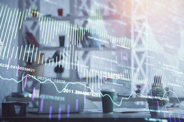 Double exposure of stock market graph drawing and office interior background. Concept of financial analysis.
