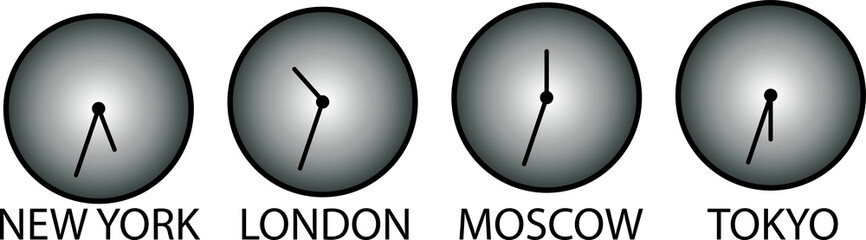 World time. Simple Clock icons in flat style.New York, London, Tokyo, Moscow. Black Watch on white background. Business illustration for you presentation. Vector design objects.