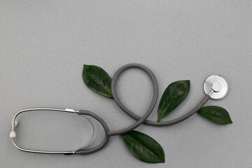 Alternative medicine. Stethoscope and green leaves on a gray background.
