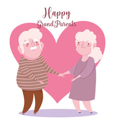 happy grandparents day, cute elderly couple holds hands heart romantic cartoon card