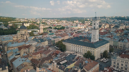 Fototapeta na wymiar Aerial drone shot of european city Lviv, Ukraine. Rynok Square, Central Town Hall, Dominican Church