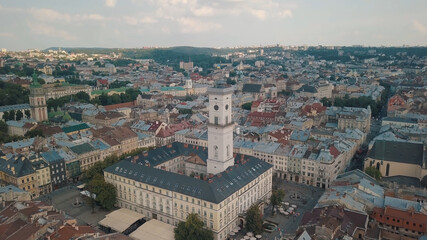 Obraz premium Aerial drone shot of european city Lviv, Ukraine. Flight above popular ancient part of old town
