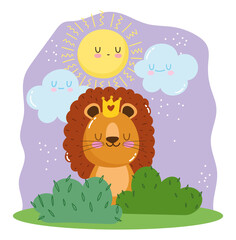 cute lion with crown sitting on grass cartoon animal adorable wild character