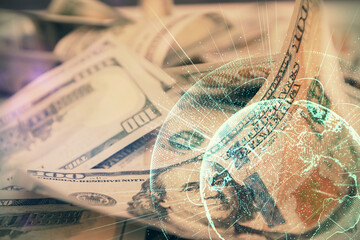 Multi exposure of social network drawing over us dollars bill background. Concept of people connection.