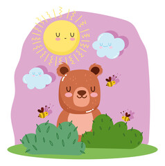 cute animal adorable wild character little bear with bees grass sun clouds cartoon