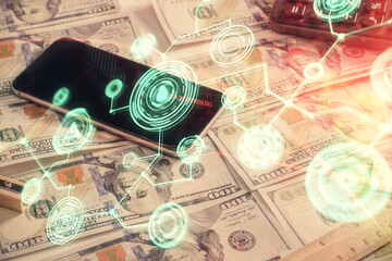 Multi exposure of social network drawing over us dollars bill background. Concept of people connection.