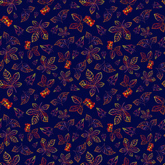 Seamless pattern with painted colorful leaves. Watercolor multi-colored yellow, red, orange, purple leaf contour. Botanical autumn background