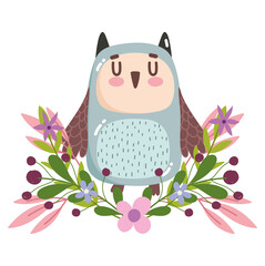 cute owl bird animal flowers foliage nature decoration cartoon