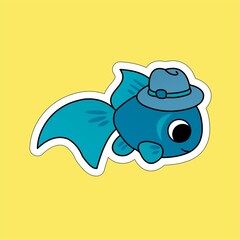 Stickers of Blue Fish Wearing a Hat Cartoon, Cute Funny Character, Flat Design