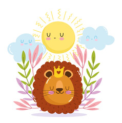 cute cartoon animal adorable wild character little lion with crown sun foliage