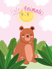 cute bear sitting on grass forest nature wild cartoon