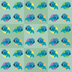 Naklejka na ściany i meble Blue Fish Wearing a Hat Cute Illustration, Cartoon Funny Character, Pattern Wallpaper 